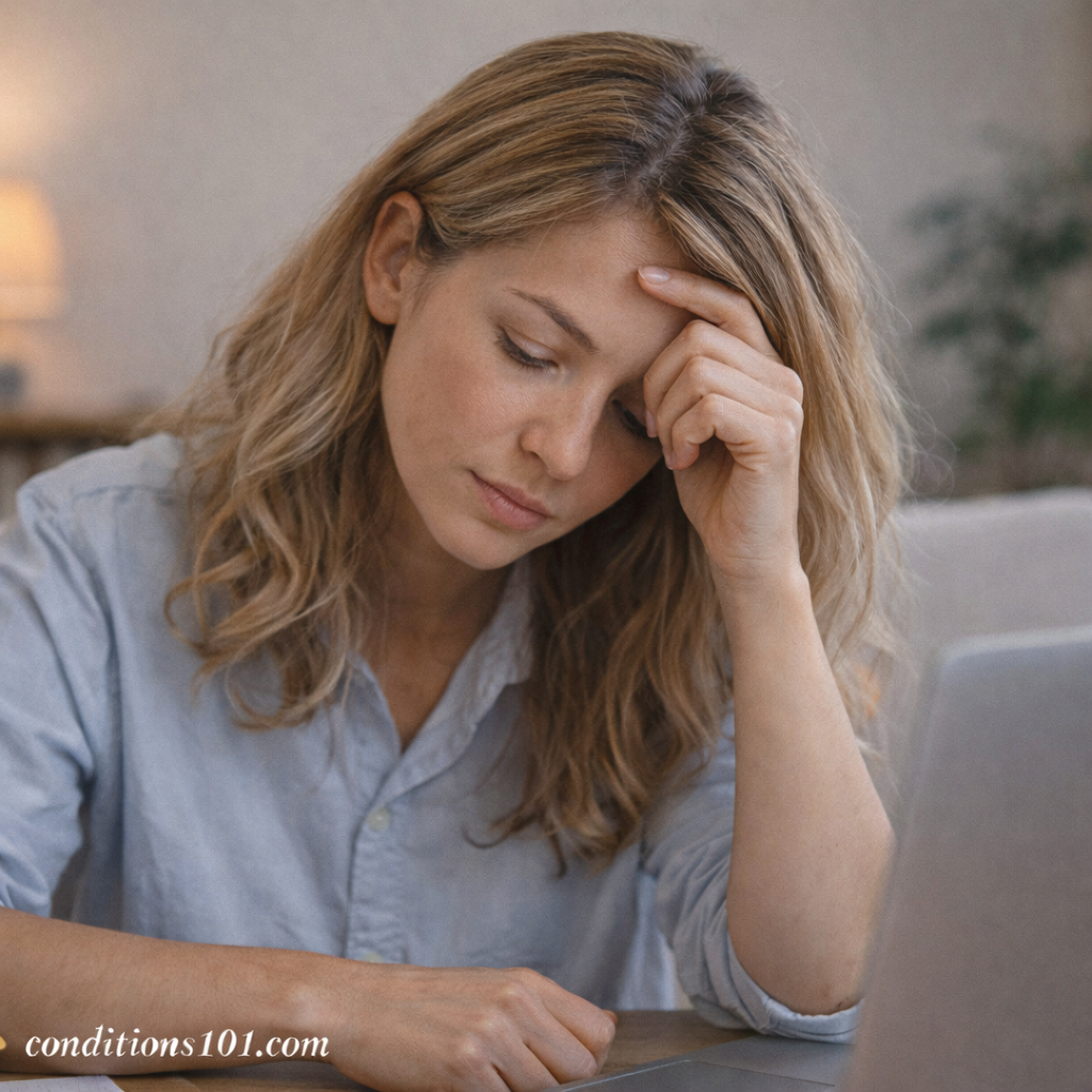 An adult woman sitting at a desk with a thoughtful expression during a quiet everyday moment.