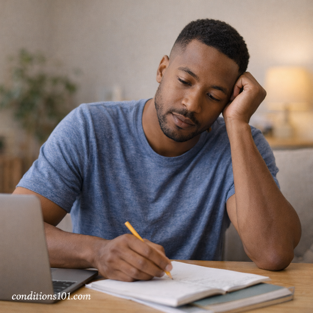 Adult man seated at a table in a calm home setting, thoughtfully focused during a quiet everyday moment.