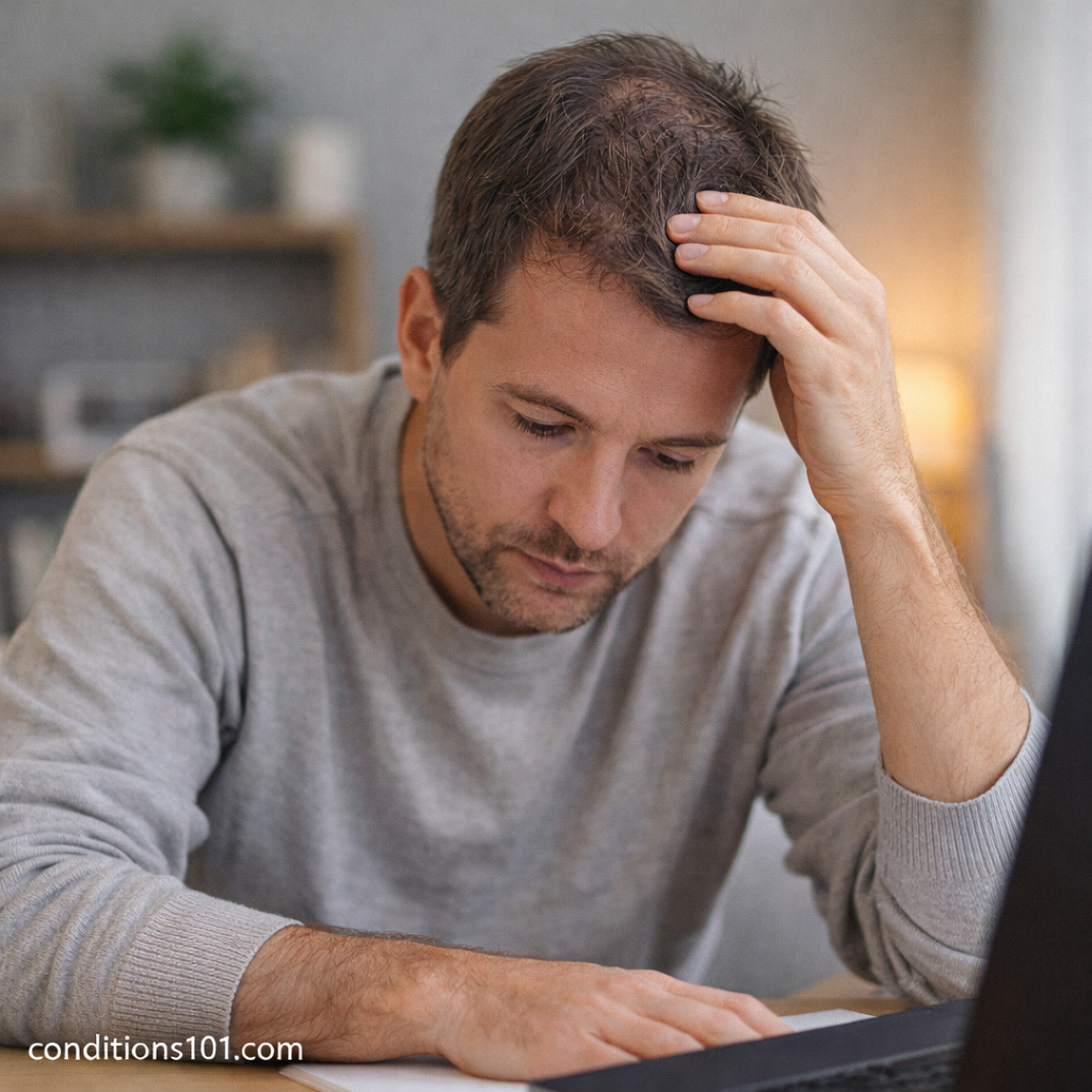 Adult man sitting at a desk in a home office, appearing focused and thoughtful in an everyday setting related to hair thinning education.