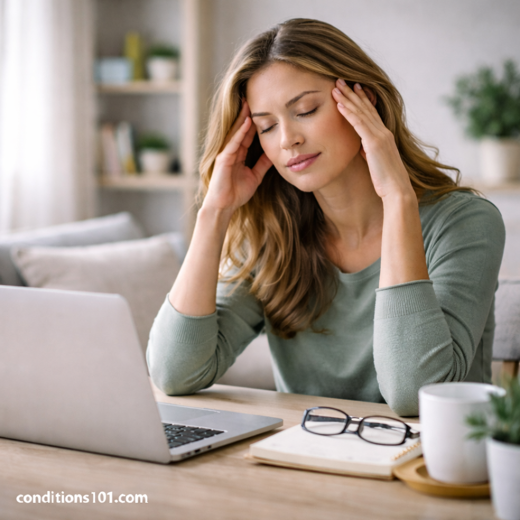 Woman sitting at a home office desk gently pressing her temples, representing everyday head pressure and mental strain.
