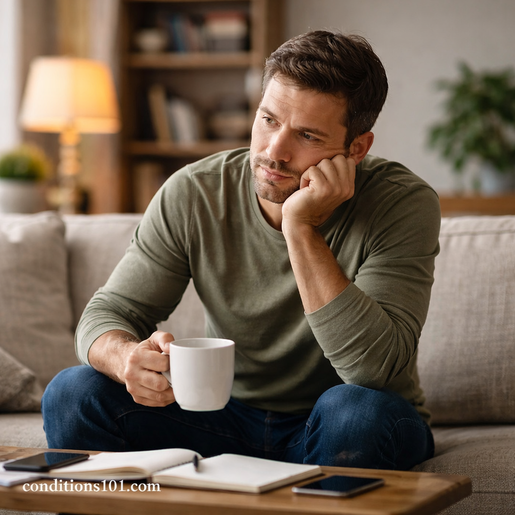 An adult man sitting on a couch holding a coffee mug and reflecting during a quiet moment at home.