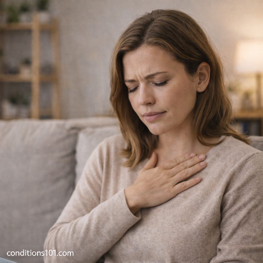 Woman sitting on a couch with her hand on her chest, illustrating a common everyday experience associated with heartburn.