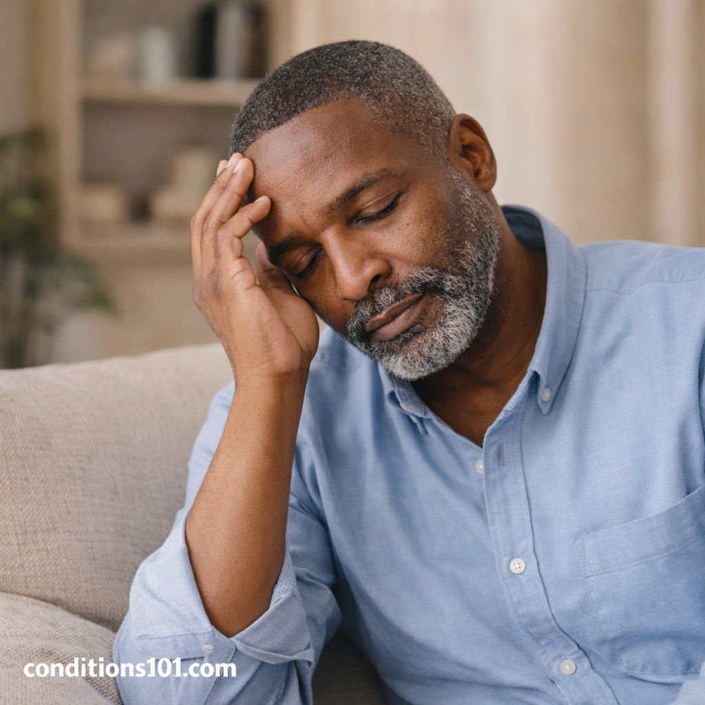 Adult man resting on a couch in a calm everyday setting, representing reflection and focus in an educational article about high blood pressure.