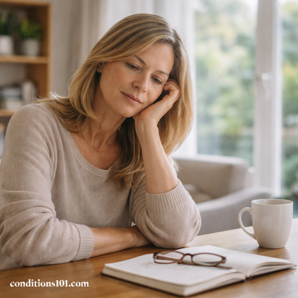 A middle-aged woman sitting at a table with a thoughtful expression, representing reflection on hormonal changes and aging in daily life.