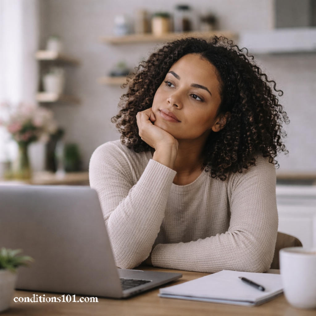 A woman sitting at a kitchen table looking thoughtfully to the side, representing reflection on hormonal and metabolic differences.