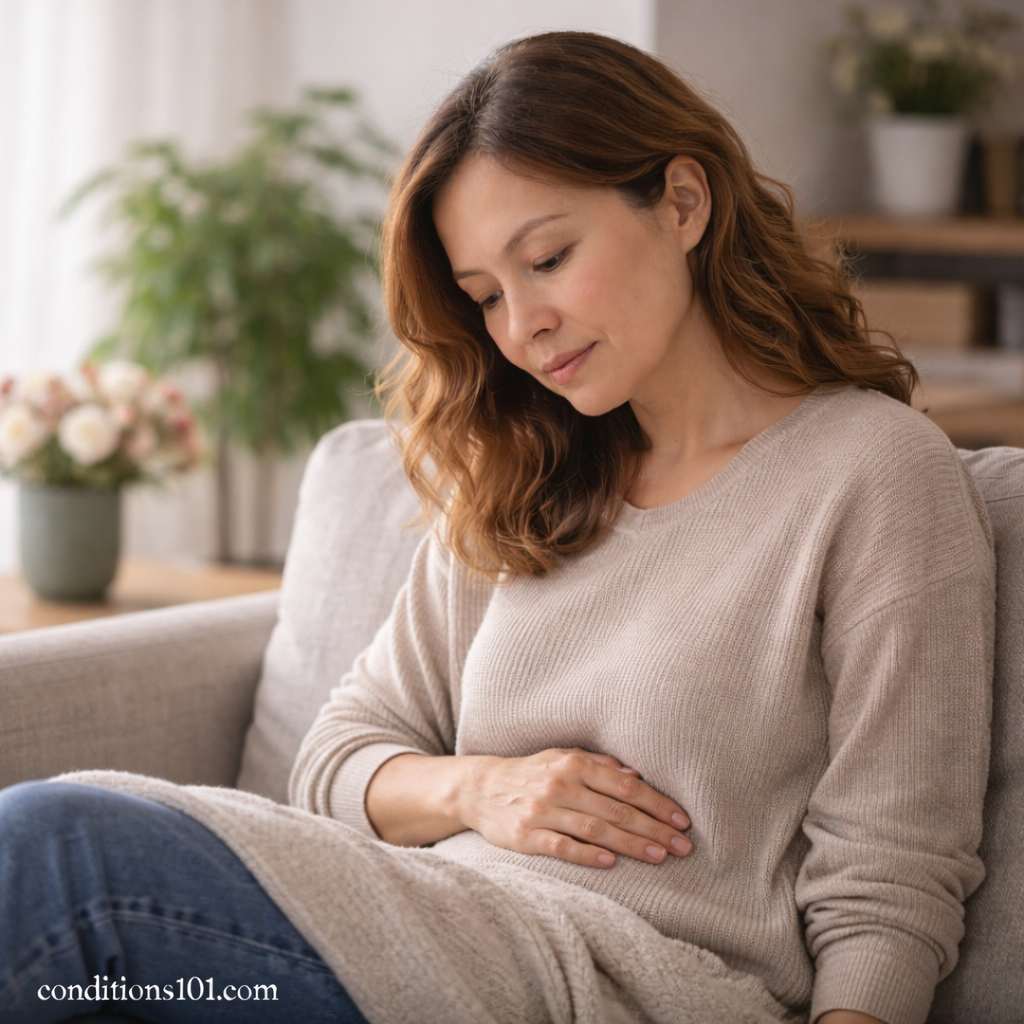 An adult woman sitting on a couch at home with her hand resting on her abdomen, appearing thoughtfully reflective in a calm, everyday setting representing hormonal sensitivity.
