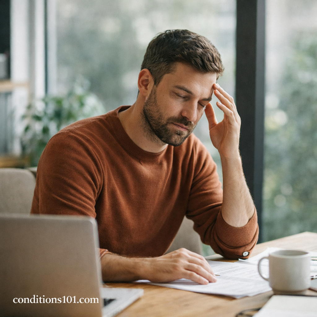 Adult man working quietly at a desk in a calm home environment, representing everyday hormonal stability and normal daily functioning.