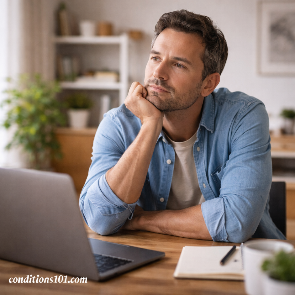 Adult man sitting at a desk in a calm home office, appearing thoughtful, representing an educational discussion of hormone disruption.