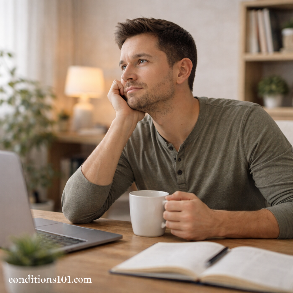 Adult man sitting at a home desk holding a mug in a calm setting, representing everyday experiences related to hormone regulation in an educational context.