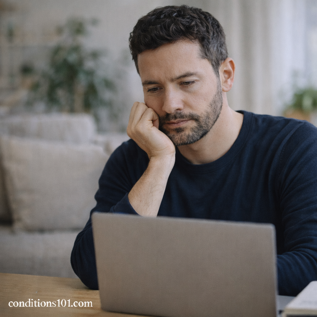 Adult person working at a desk in a calm home setting, thoughtfully focused, representing everyday hormone rhythm and biological timing.