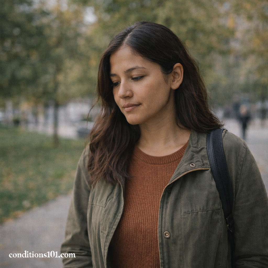 Adult woman walking outdoors in a calm park setting, illustrating everyday balance related to hormone signaling.