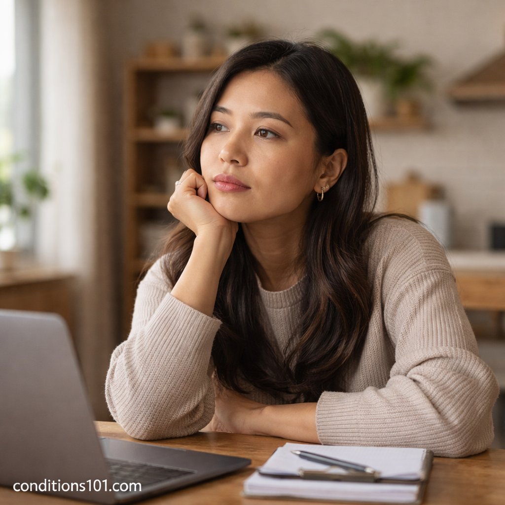 Young woman sitting at a desk with a thoughtful expression, reflecting heightened awareness and mental focus in everyday life.
