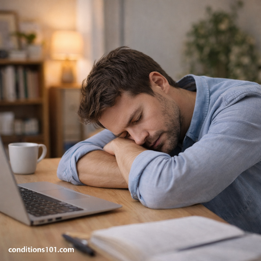 Man resting his head on folded arms at a home office desk, representing everyday fatigue and digestive discomfort awareness.