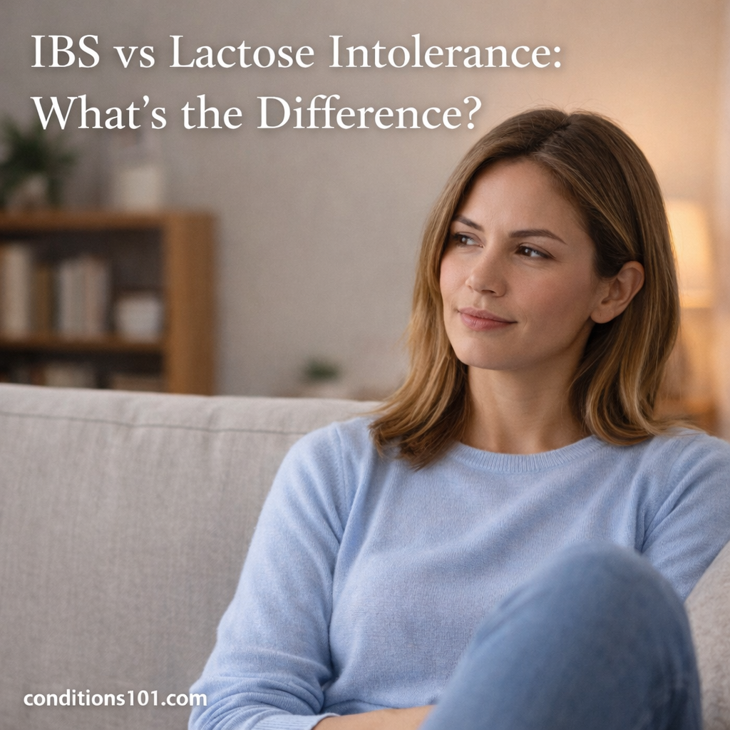Woman sitting thoughtfully in a calm living room, representing an educational comparison between IBS and lactose intolerance.