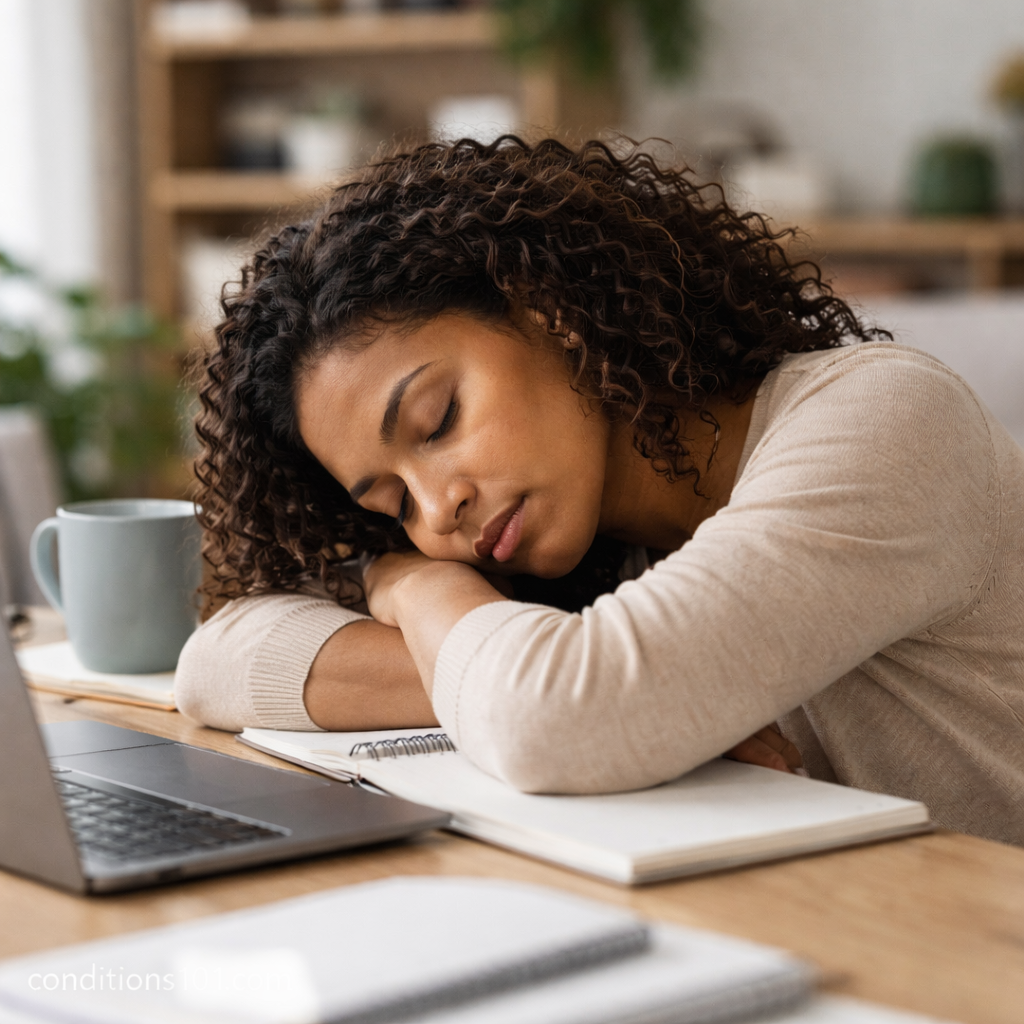 Adult woman resting her head on a desk in a calm home office setting, representing everyday daytime sleepiness associated with idiopathic hypersomnia.