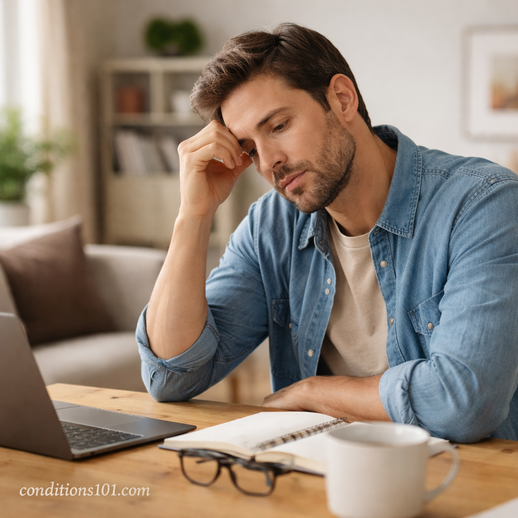 Adult man pausing at a desk in a calm home office, thoughtfully reflecting while reading medical information.