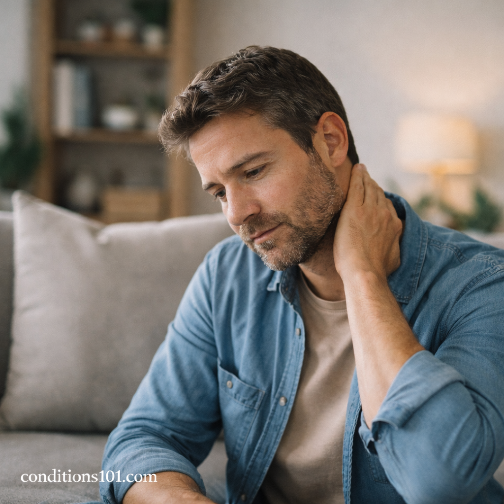 Adult man resting on a couch with a thoughtful expression, representing idiopathic pain in everyday life.