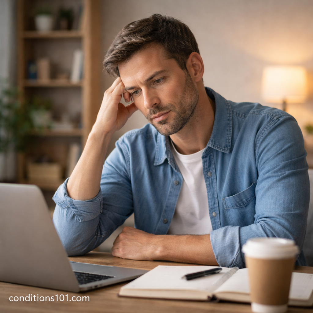 Adult man sitting at a home office desk, appearing thoughtfully focused while working, representing everyday experiences linked to imposter syndrome.