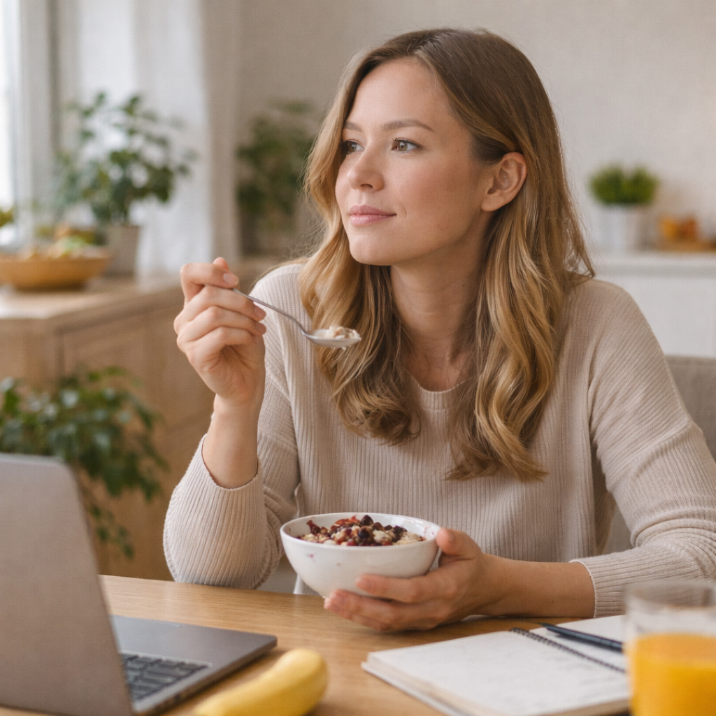 Adult woman eating yogurt at a kitchen table in a calm home setting, reflecting on appetite and eating habits.