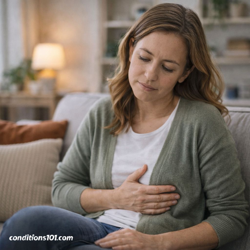 Adult person sitting comfortably in a home setting with a subtle, reflective expression, representing everyday digestive discomfort associated with indigestion.