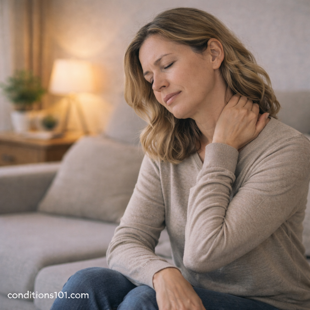 Adult woman sitting on a couch gently massaging her neck in a calm home setting, representing everyday discomfort often discussed when comparing inflammation and infection.