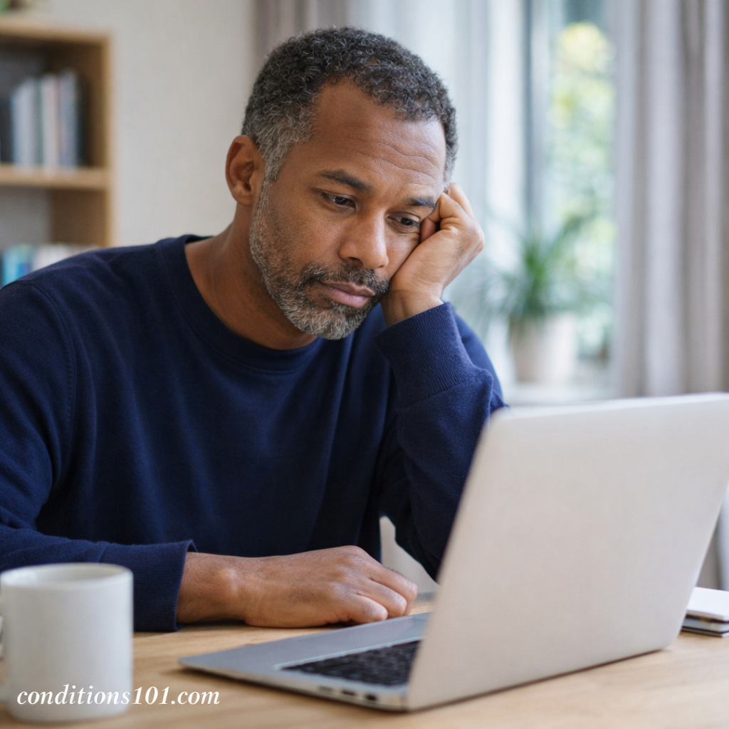 An adult man sitting at a home desk, appearing thoughtful and focused during a quiet everyday moment.
