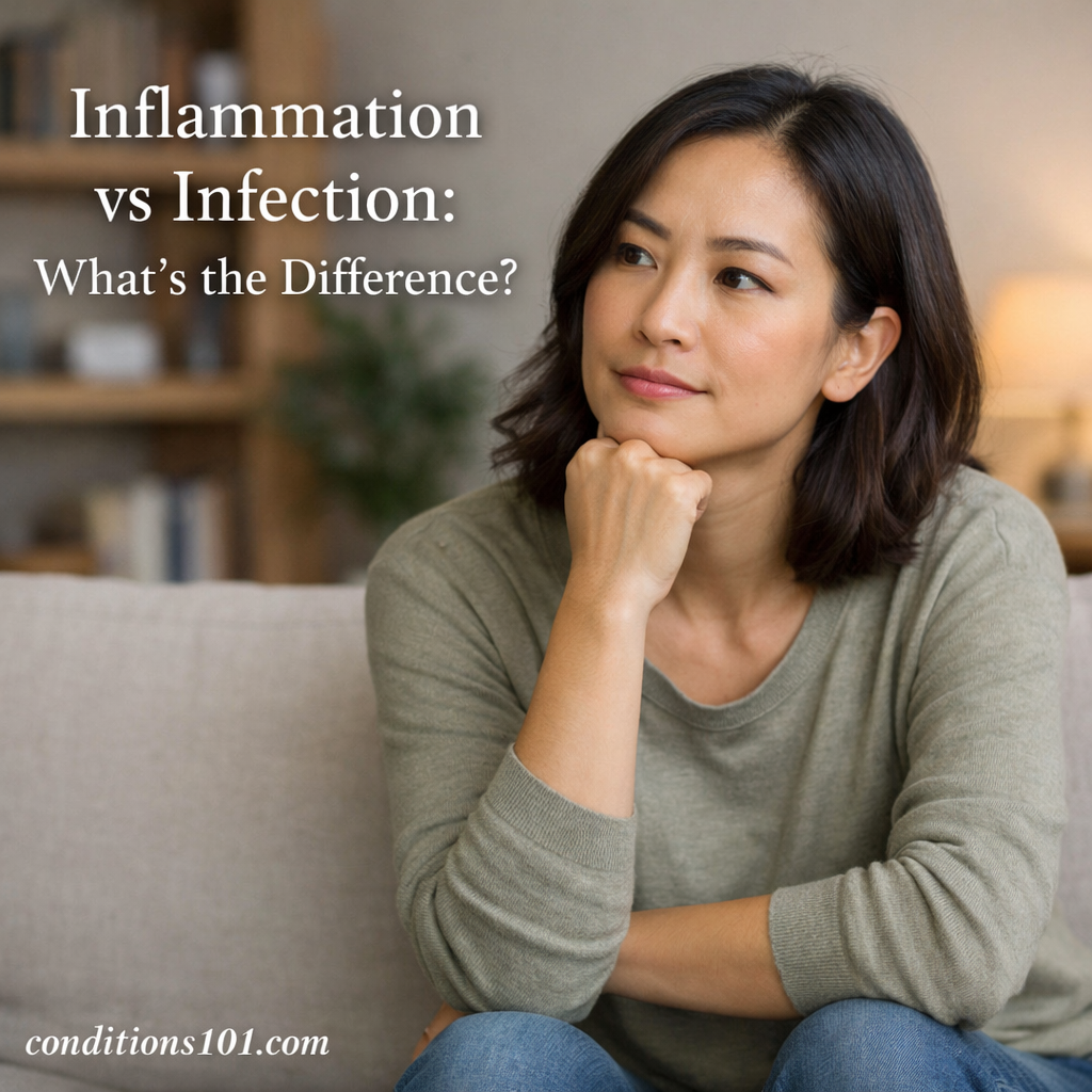 An adult woman sitting thoughtfully in a living room, representing an educational comparison of inflammation vs infection.