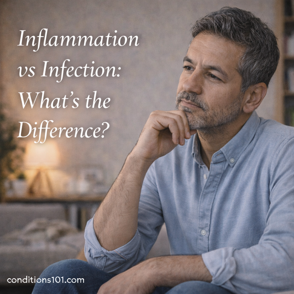 Middle-aged man sitting thoughtfully in a calm home setting, representing an educational comparison of inflammation versus infection.