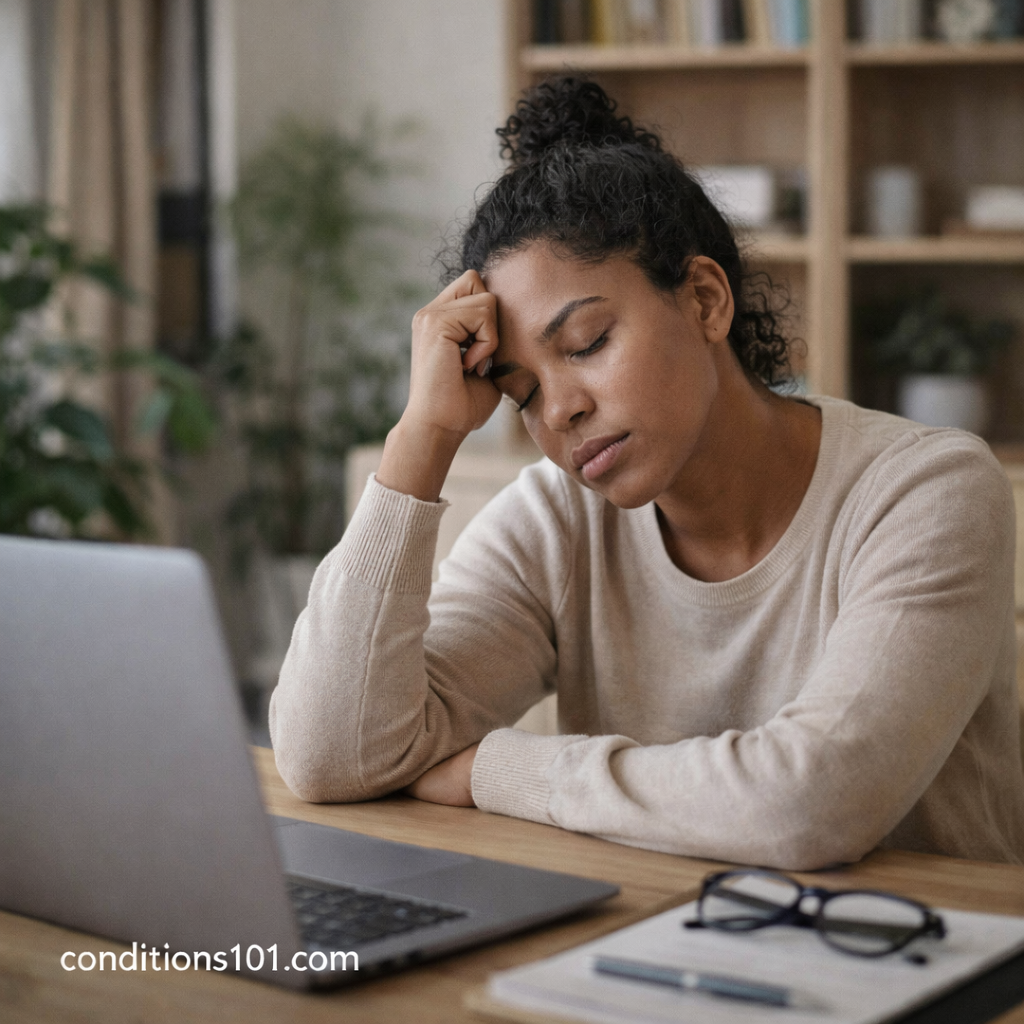 Adult woman sitting at a desk in a quiet home office during a moment of daytime tiredness for an educational article about insomnia.