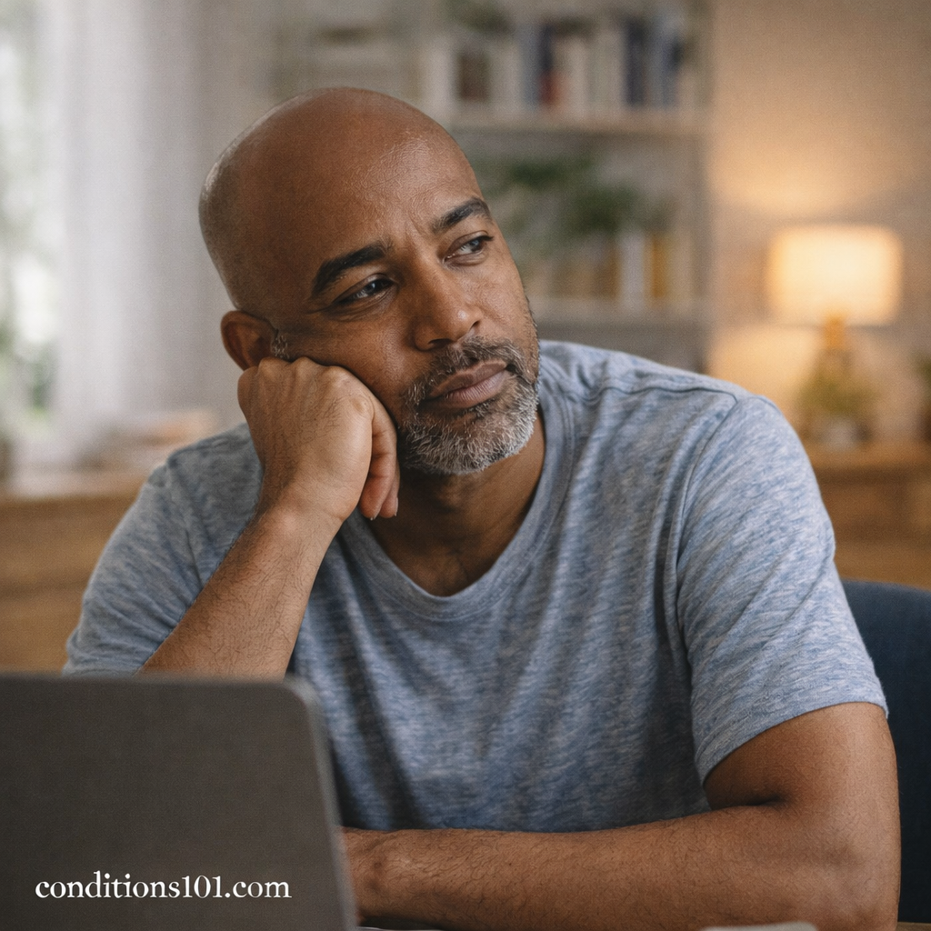 Adult man sitting at a desk in a calm home office, appearing thoughtful, representing everyday factors related to insulin sensitivity.