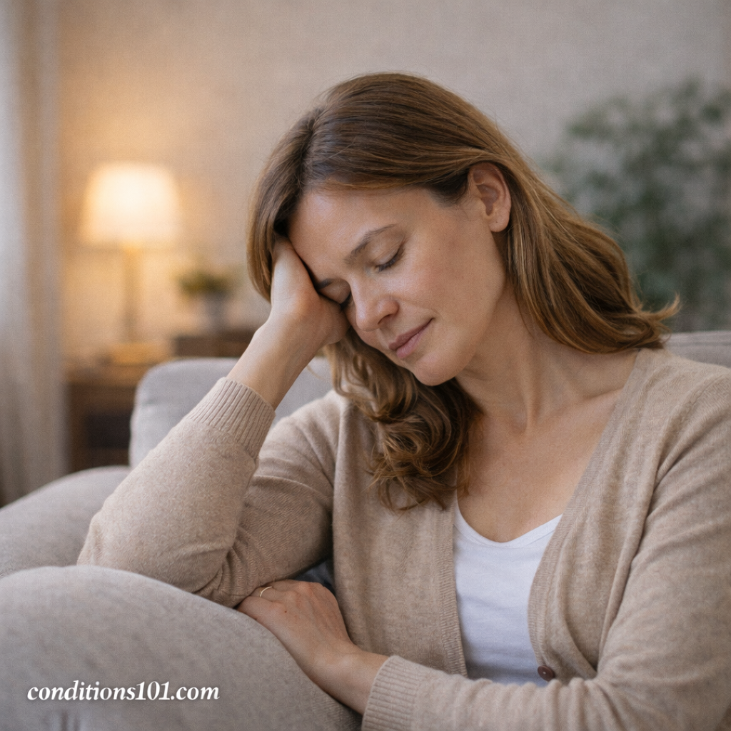 Adult woman resting thoughtfully on a couch in a calm home setting, reflecting during an everyday moment related to interstitial cystitis.