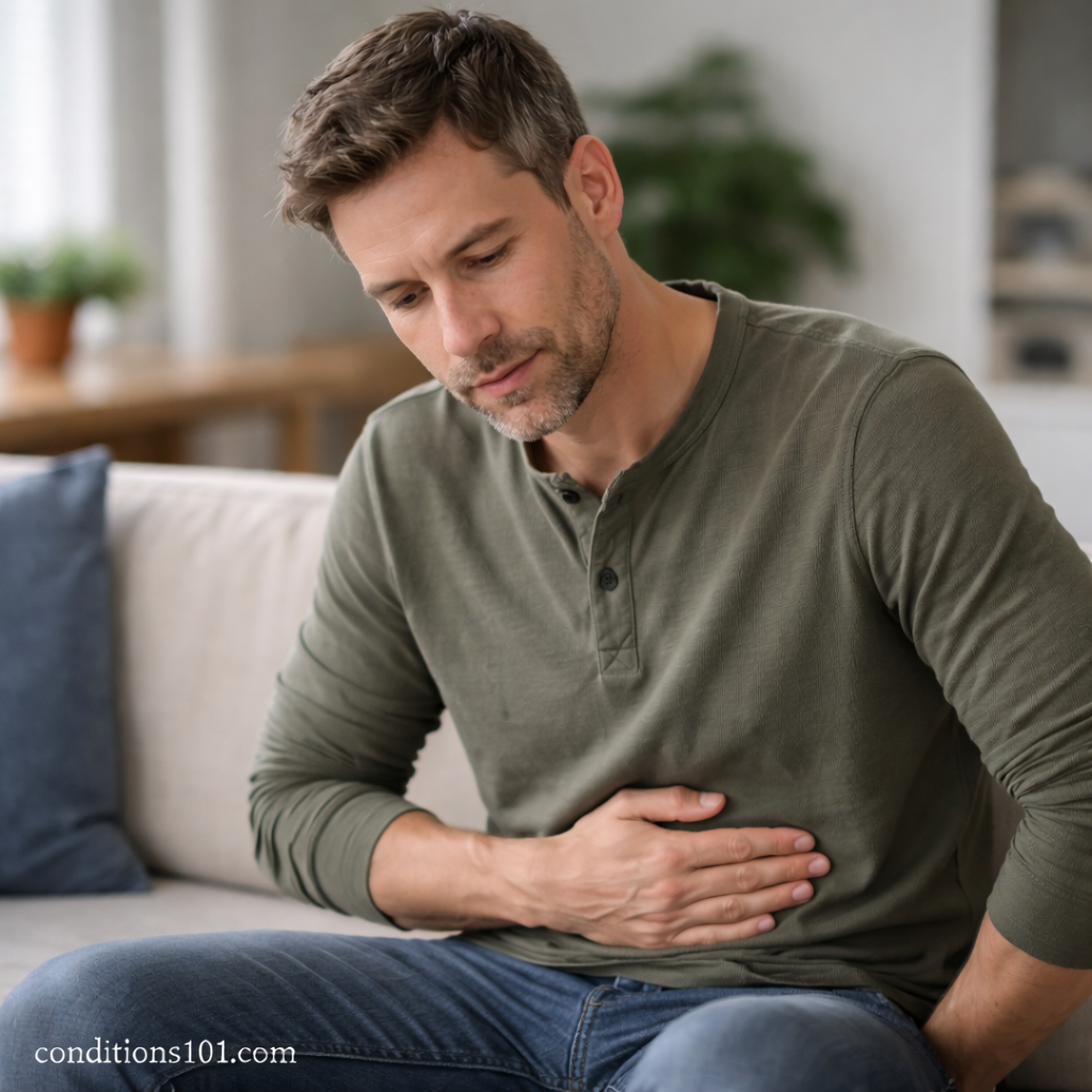 An adult man sitting on a couch with his hand resting on his abdomen, illustrating everyday digestive discomfort commonly associated with irritable bowel syndrome.