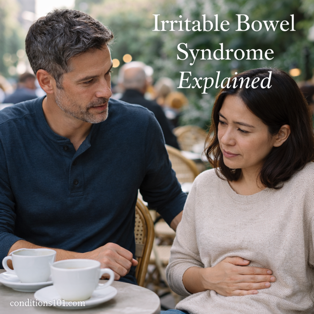 Two adults sitting at an outdoor café in a calm setting, one appearing thoughtful while holding their abdomen, representing a general health overview of irritable bowel syndrome.