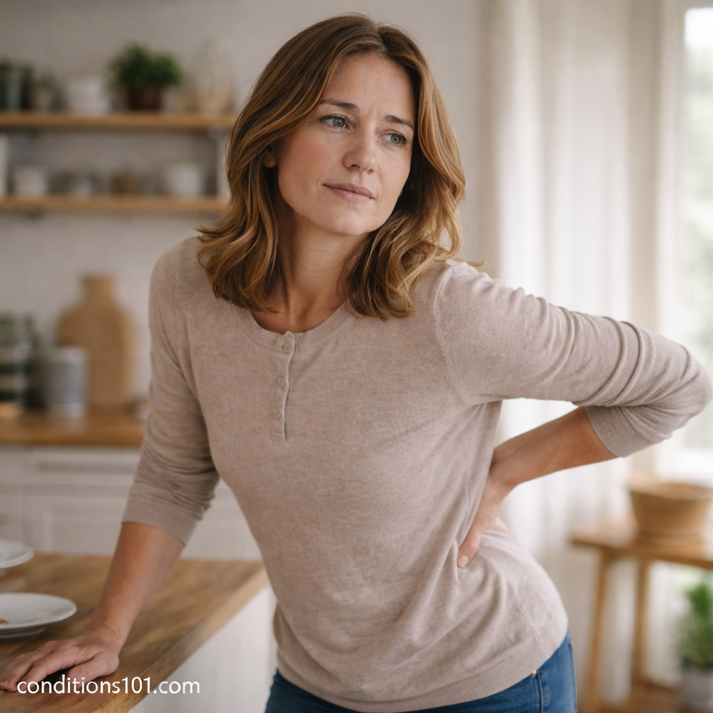 Adult woman pausing during a daily activity with a reflective expression, representing general awareness of joint discomfort in everyday life.