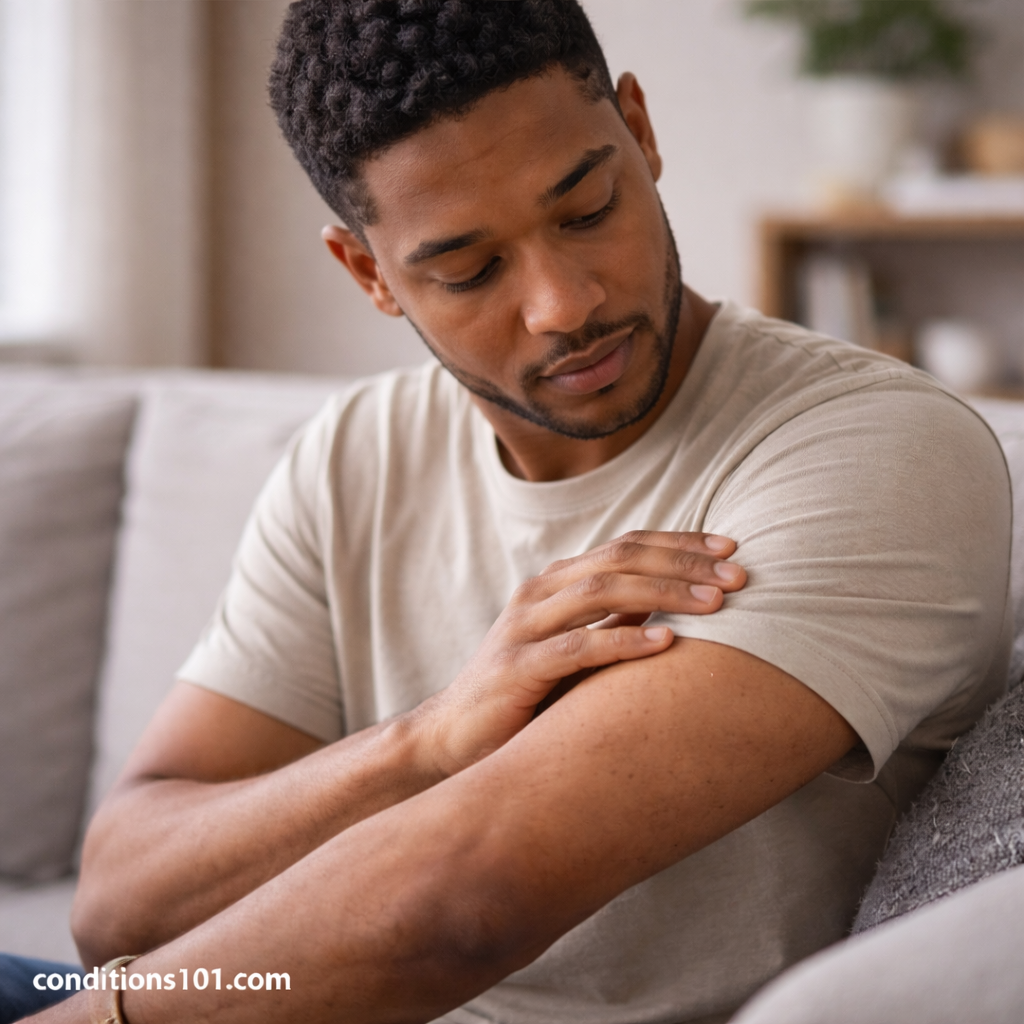 Man sitting on a couch gently examining the skin on his upper arm, representing everyday awareness of keratosis pilaris skin texture.