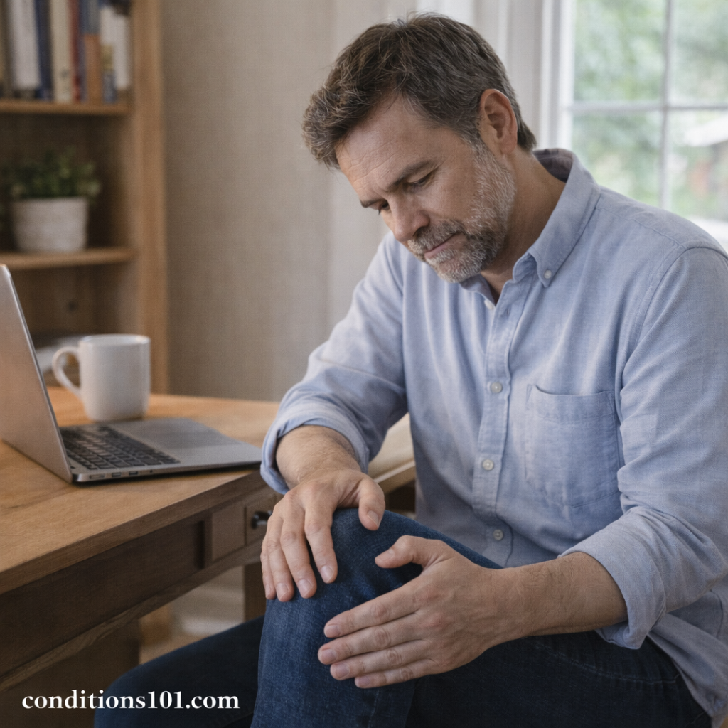 Middle-aged man sitting at a home office desk, gently holding his knee with a thoughtful expression.