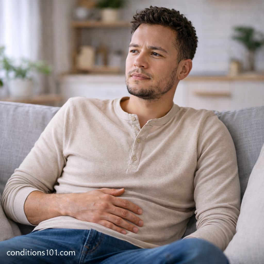 Adult man sitting on a couch with a thoughtful, mildly uncomfortable expression in a calm home setting, representing everyday digestive discomfort related to lactose intolerance.