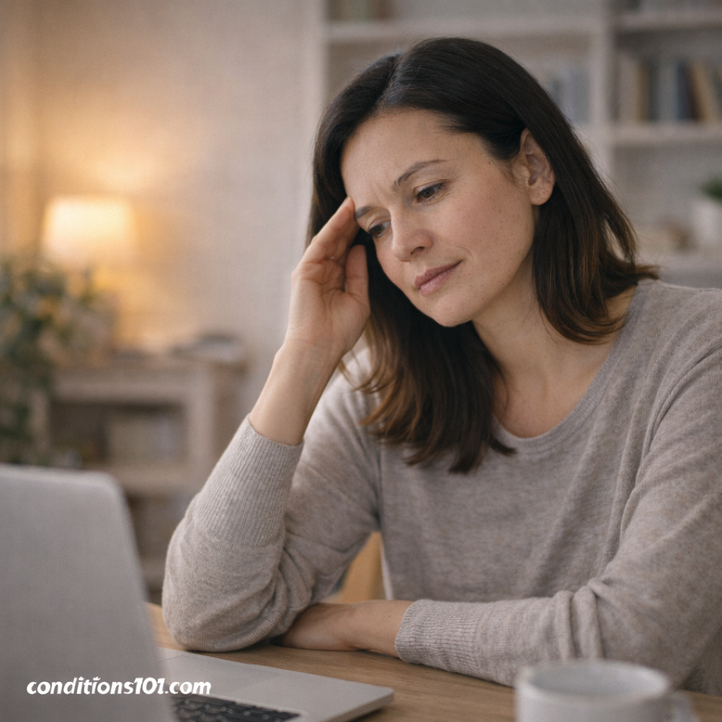 Adult woman sitting at a desk with a laptop, gently touching her temple during a screen break, representing everyday experiences of light sensitivity.