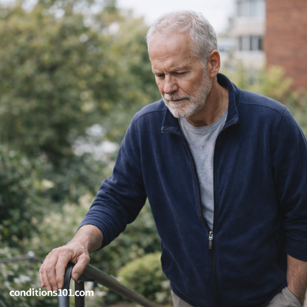 Older man walking outdoors while holding a handrail, representing everyday movement challenges related to limited mobility.