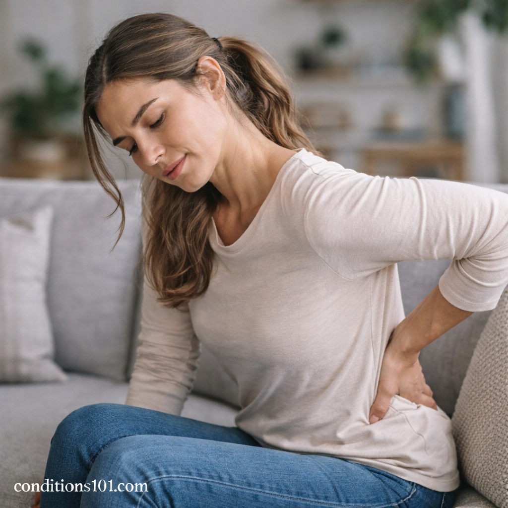 Adult person sitting on a couch in a calm home setting, gently holding their lower back, representing localized pain in daily life.