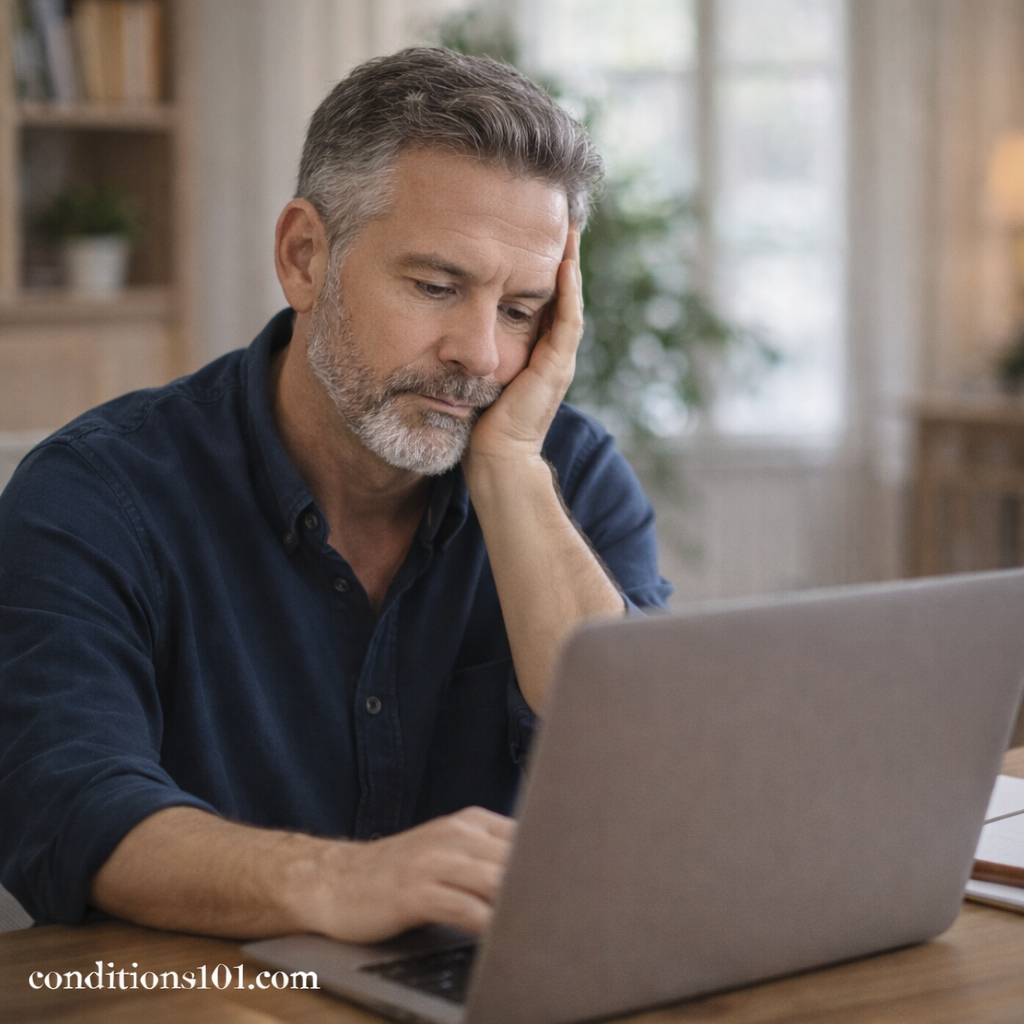 Middle-aged man sitting at a home desk with a thoughtful expression, representing everyday experiences related to localized and widespread pain in an educational context.