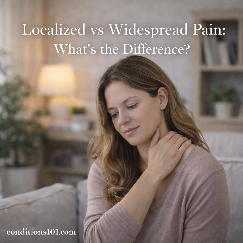 Adult woman sitting on a couch gently holding her shoulder in a calm home setting, representing localized versus widespread pain in an educational context.