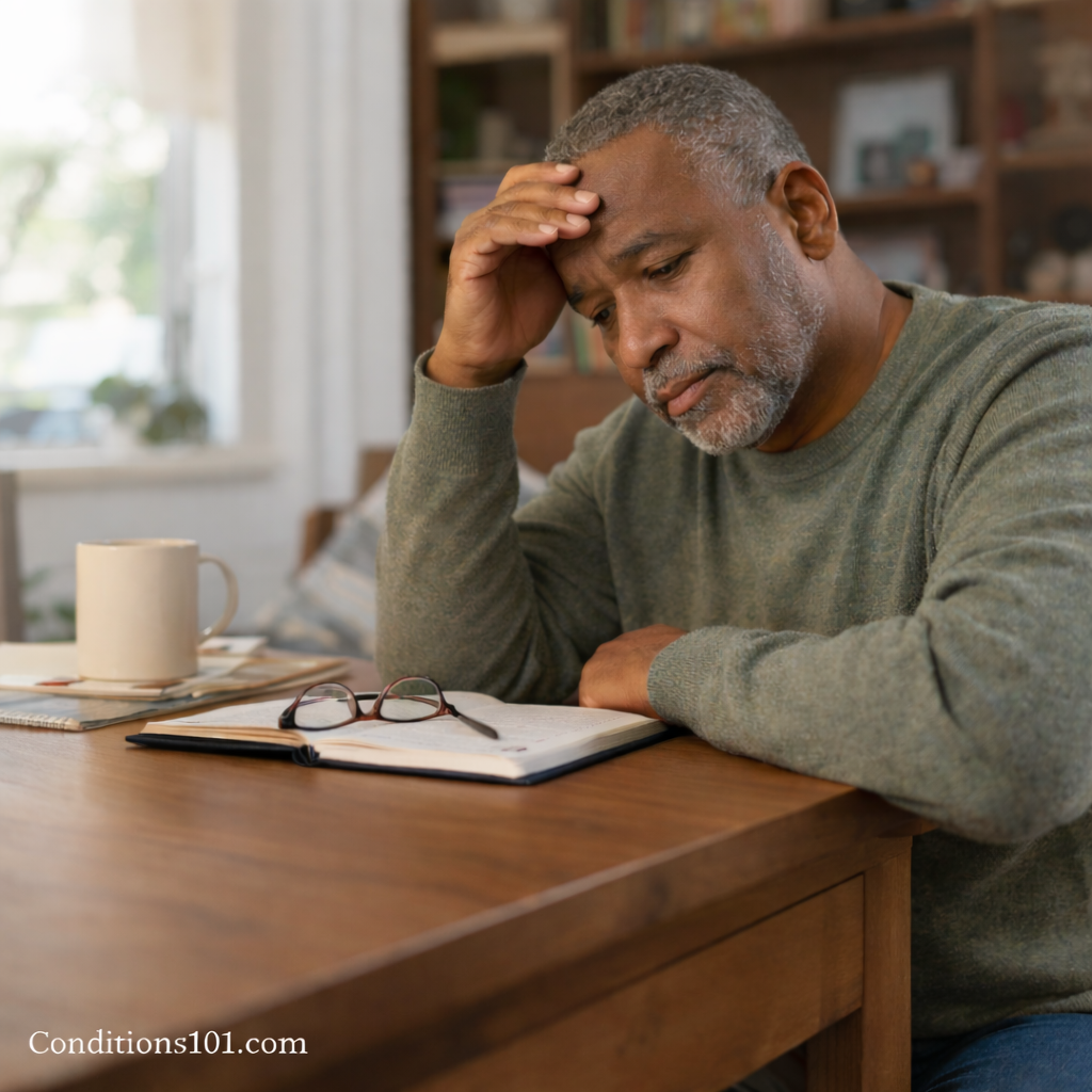 adult person seated at a desk in a calm home setting, appearing thoughtfully focused during everyday activities.