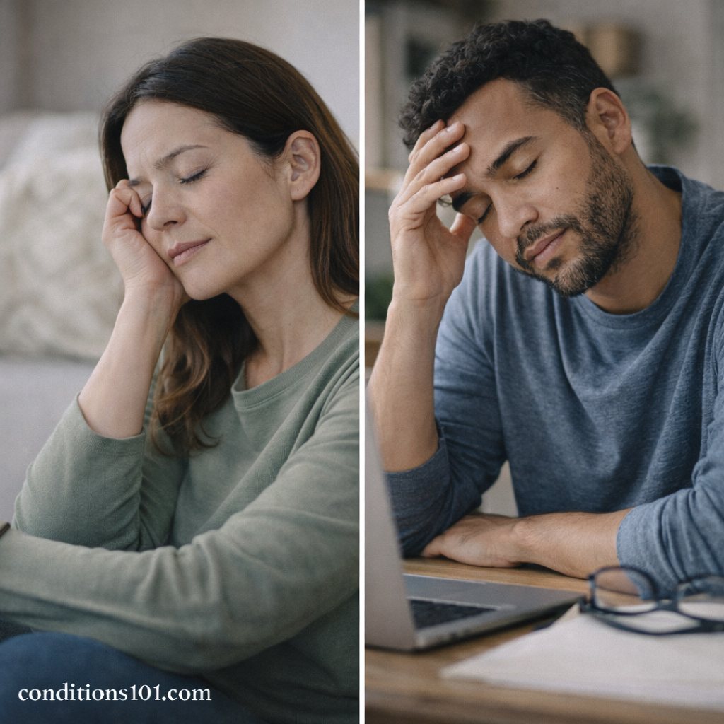 Two adults in separate everyday settings, both appearing tired and reflective, representing the comparison between low energy and chronic fatigue.