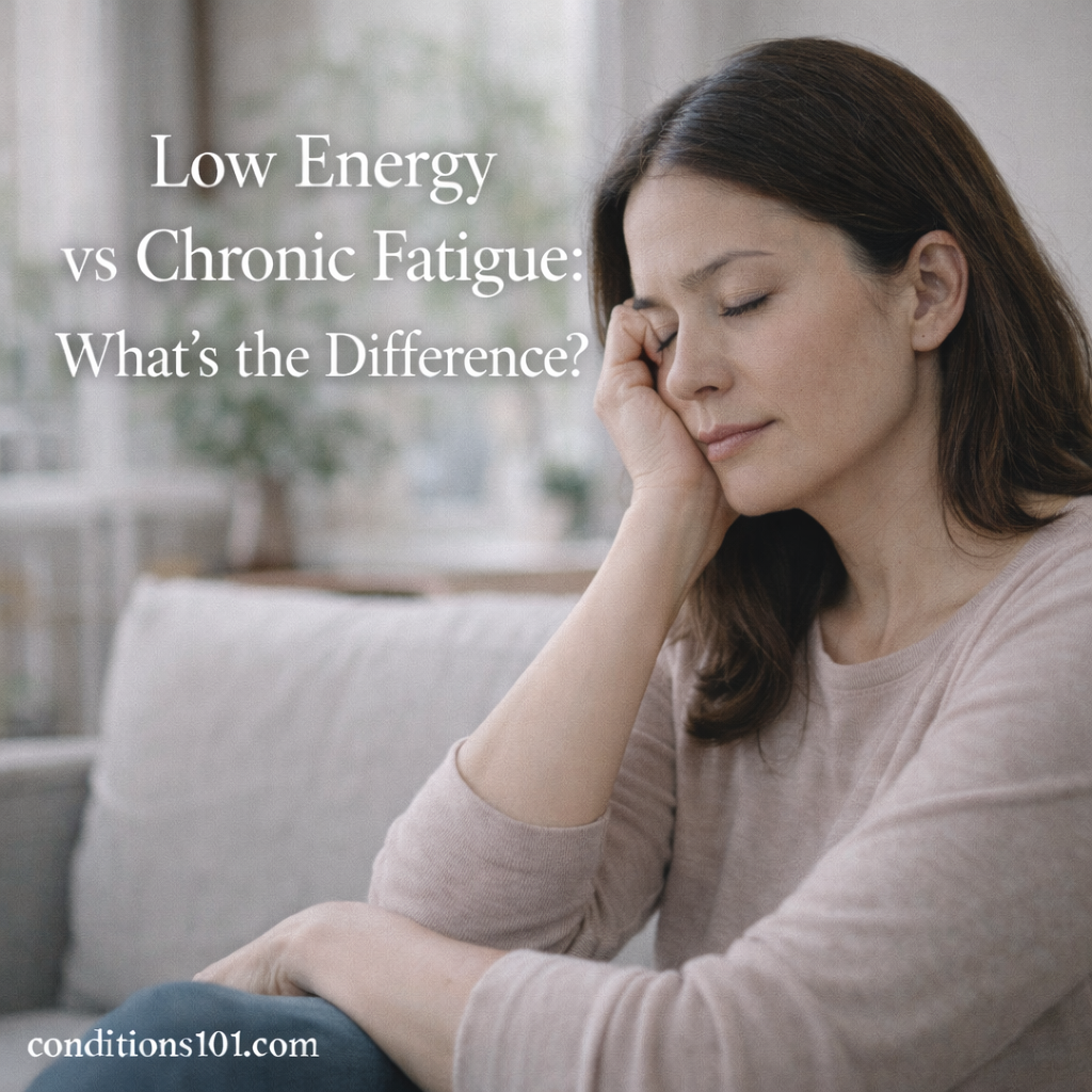 Adult person sitting in a calm home setting with a tired but neutral expression, representing low energy versus chronic fatigue in everyday life.