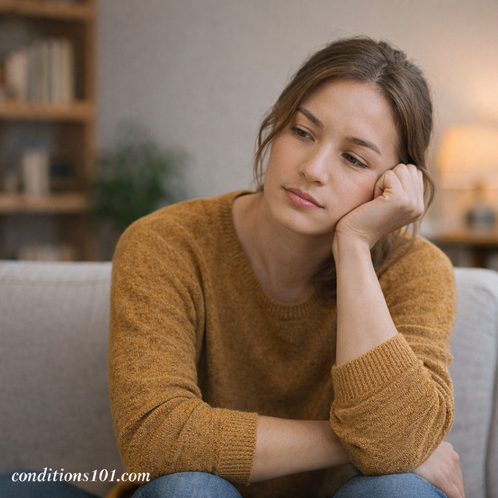 An adult woman sitting on a couch with a thoughtful expression during a quiet everyday moment.