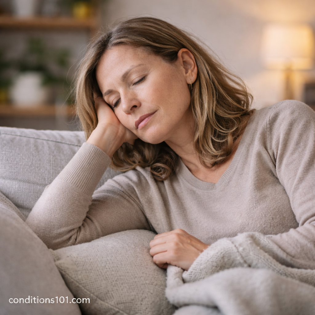 Adult woman resting on a couch in a calm home setting, representing everyday experiences related to digestive comfort and nutrient absorption.