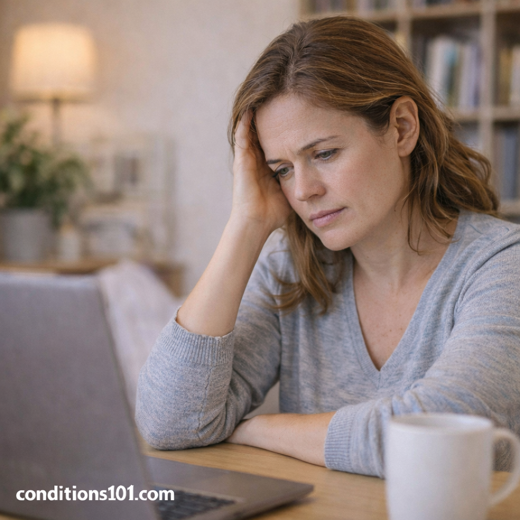Adult woman in a calm home office setting appearing thoughtfully focused, representing an educational overview of mast cell activation syndrome.