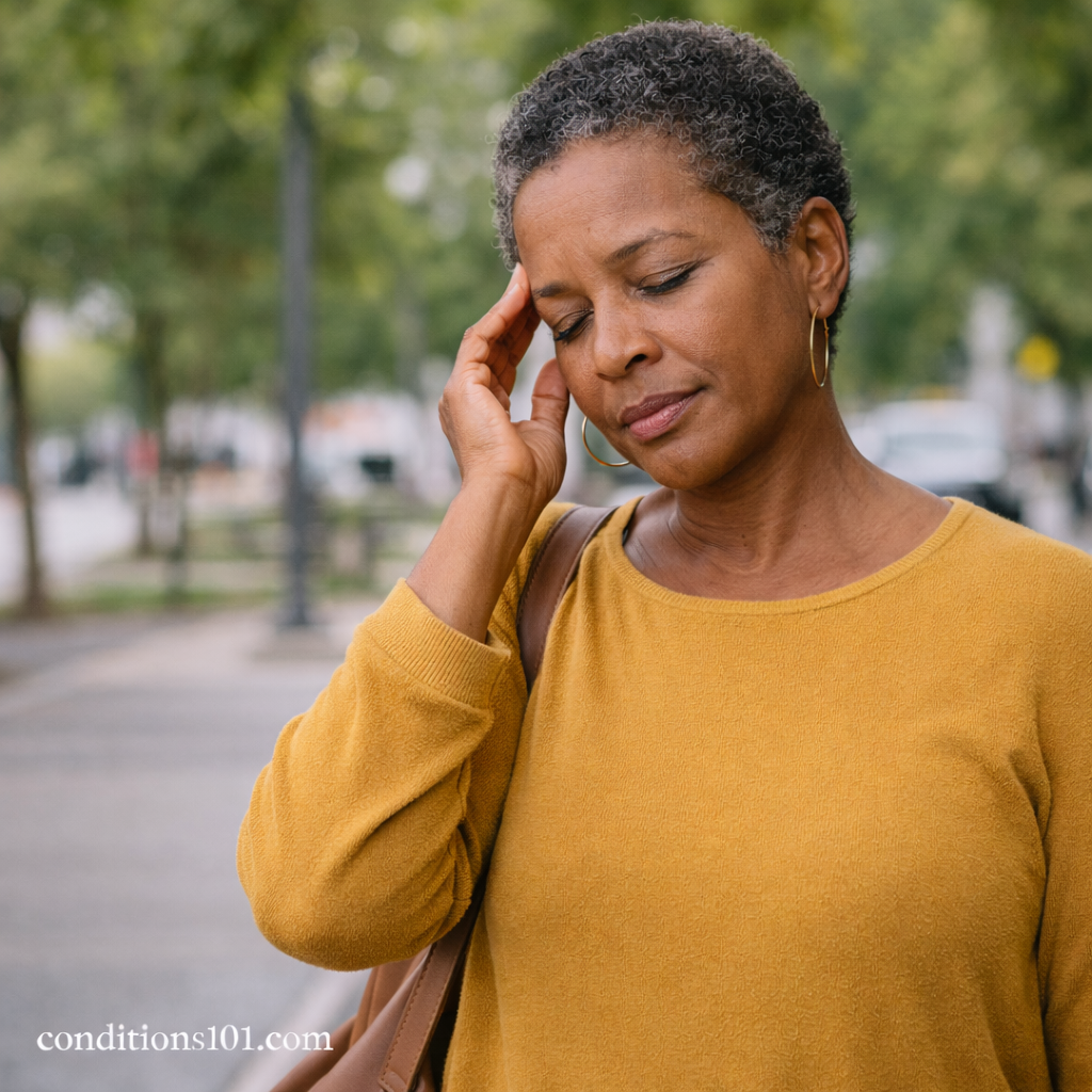 Middle-aged woman standing outdoors in a calm public setting, appearing thoughtfully reflective during an everyday moment.