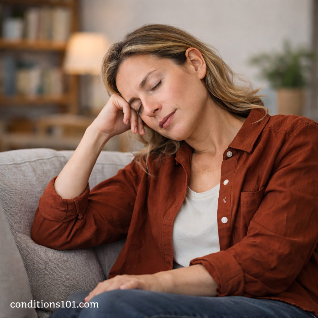 Adult woman resting her head while sitting on a couch at home, illustrating mental fatigue during everyday life.